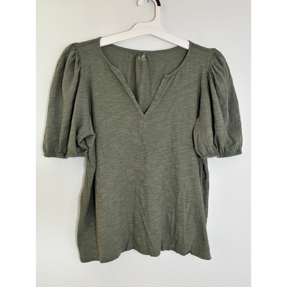 Loft Outlet Olive Green Puff Sleeve Split Neck Slub Knit Top Large